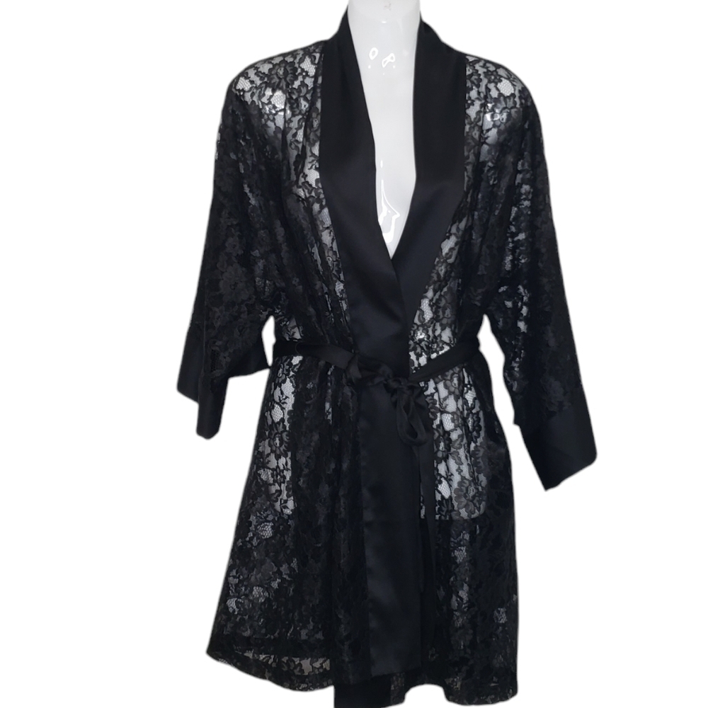 Vintage Victoria's Secret Lace Robe Satin Trim Women's O/S Black Self Tie Belt